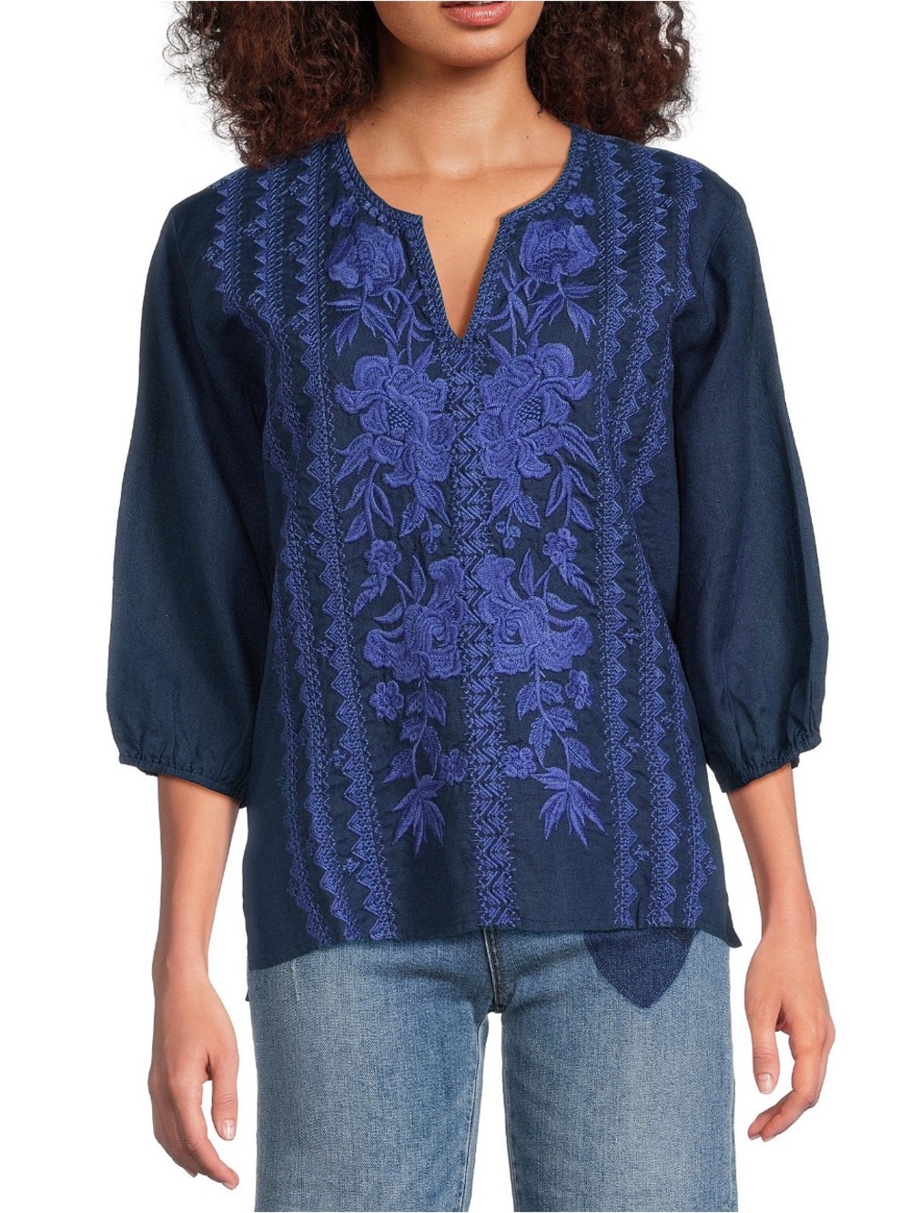 Johnny Was Camille Split Neck Linen Blouse Blue Embroidered XXL